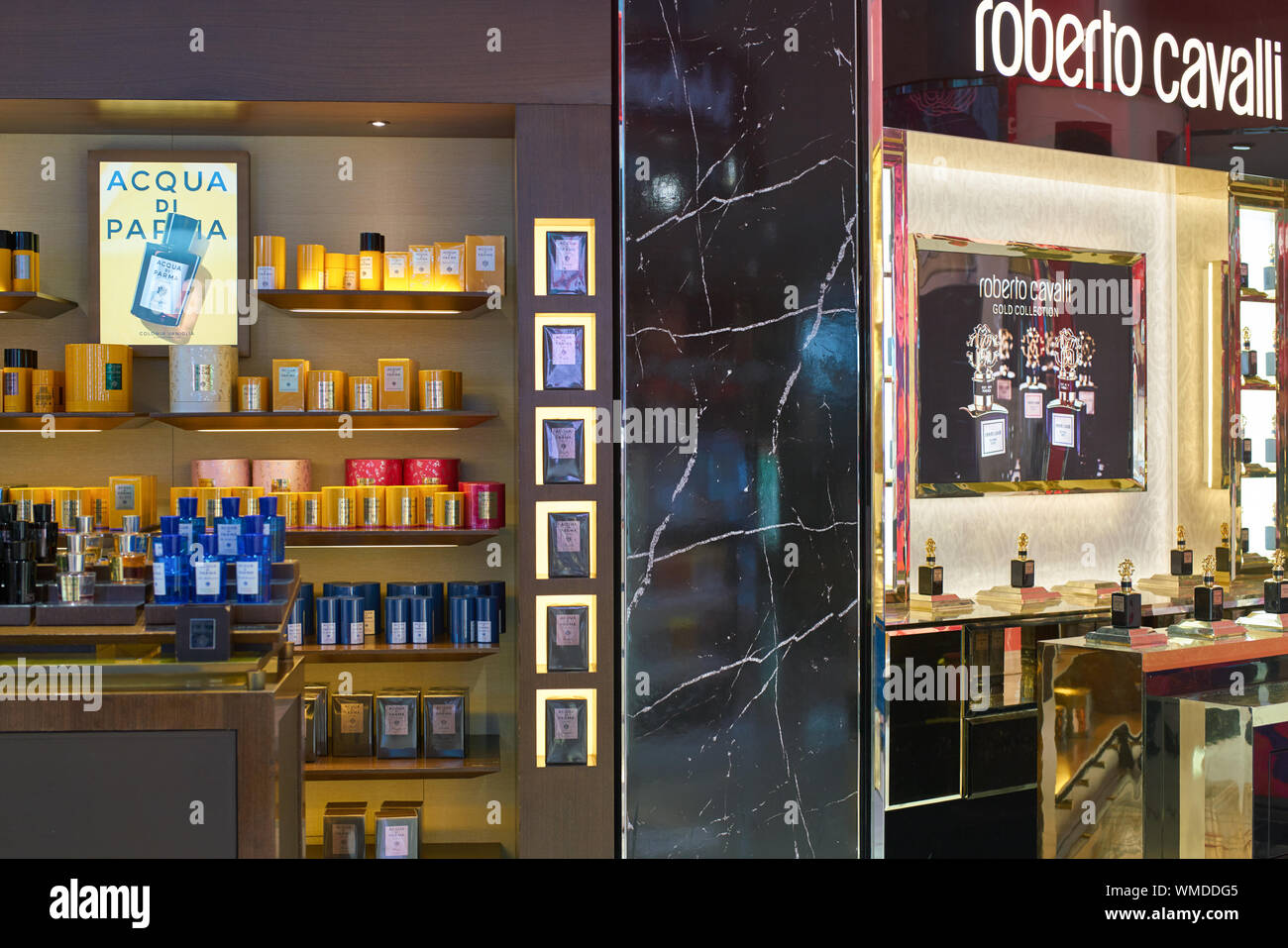 DUBAI, UAE - CIRCA FEBRUARY, 2019: perfumes on display in Duty Free at Dubai International Airport. Stock Photo