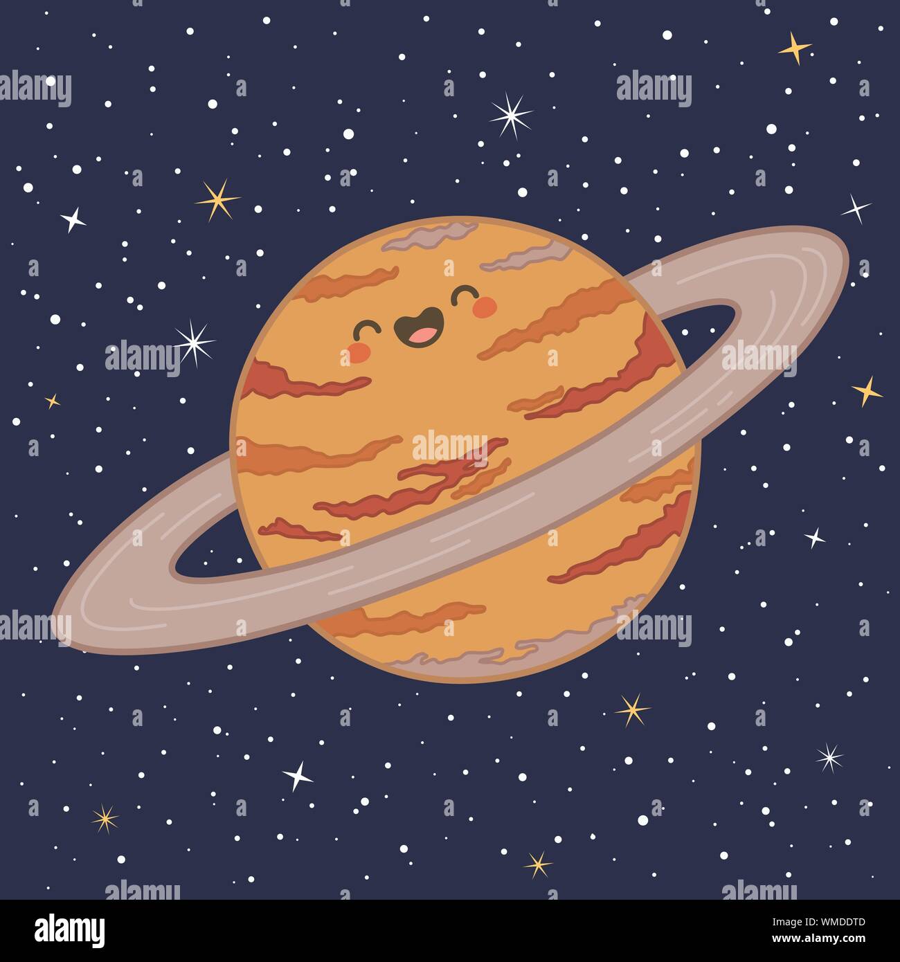 Cute Planet Saturn Solar System with funny smiling face cartoon vector illustration Stock Vector