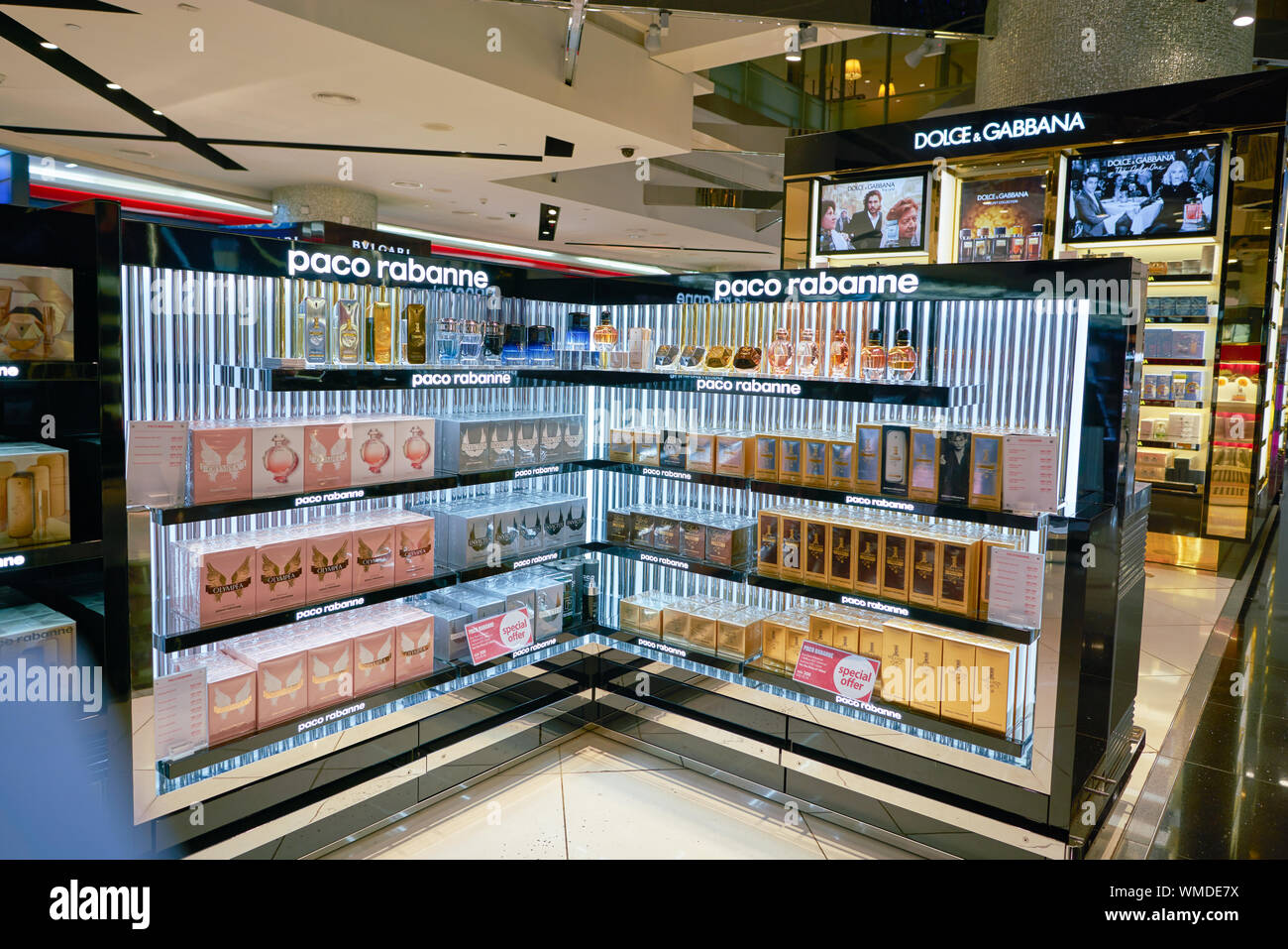 DUBAI, UAE - CIRCA JANUARY, 2019: perfumes on display in Duty Free at ...