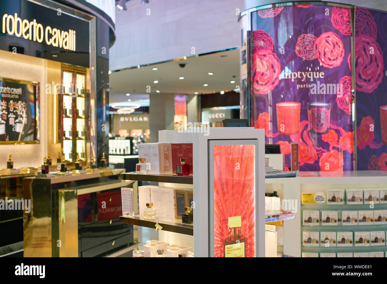 DUBAI, UAE - CIRCA FEBRUARY, 2019: perfumes on display in Duty Free at Dubai International Airport. Stock Photo
