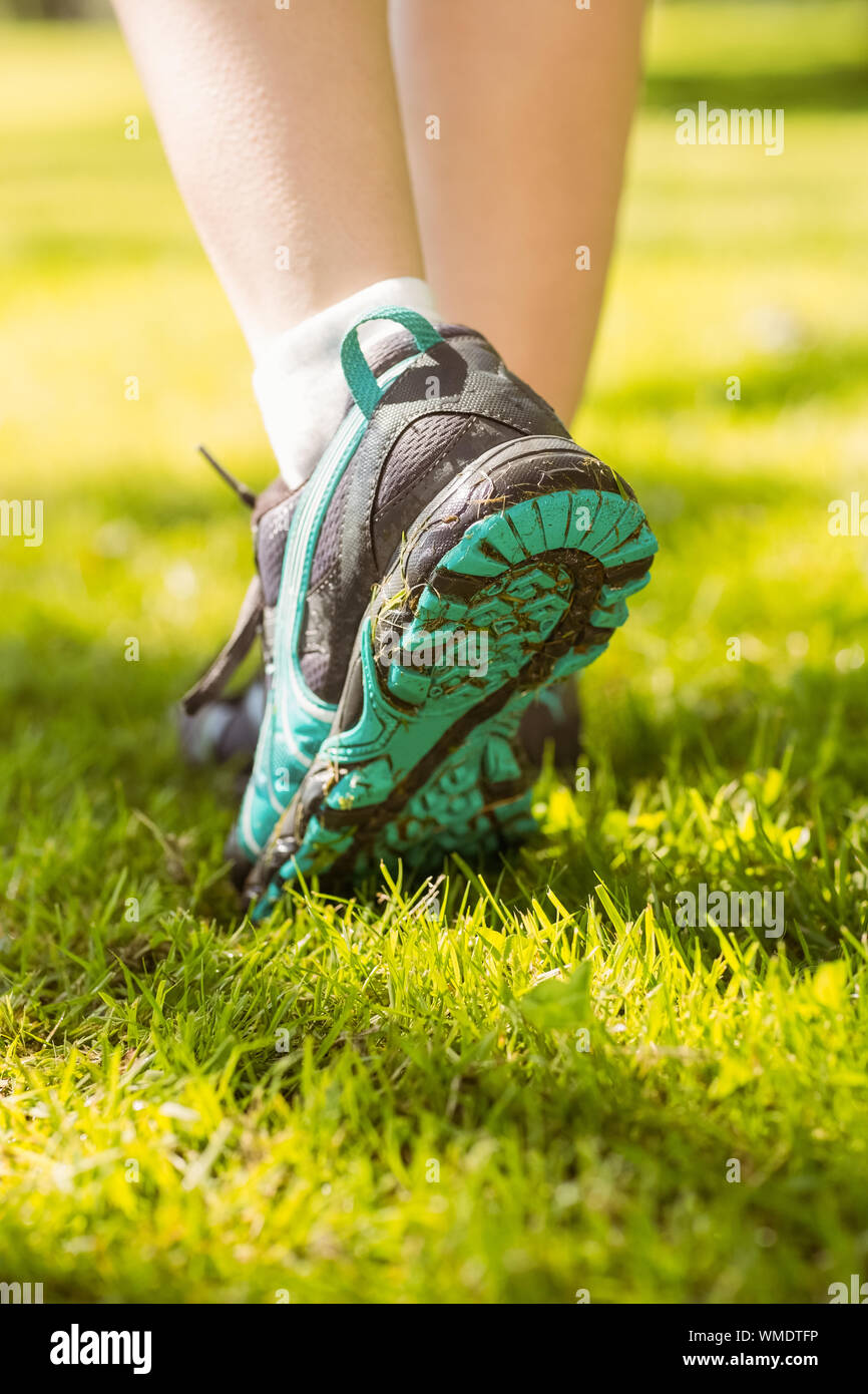 Running shoes top on grass