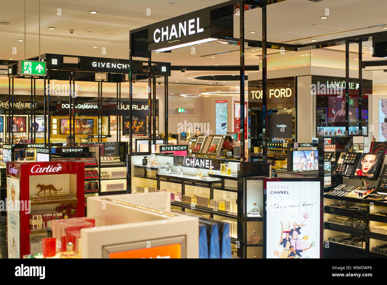 DUBAI, UAE CIRCA FEBRUARY, 2019 perfumes and cosmetics products on