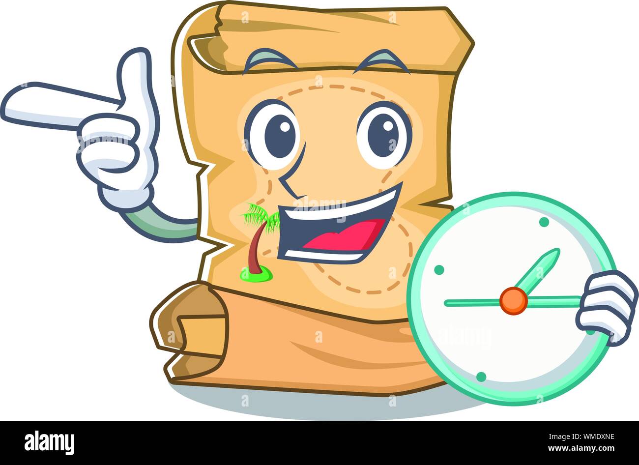 With clock mascot treasure map in character bag Stock Vector