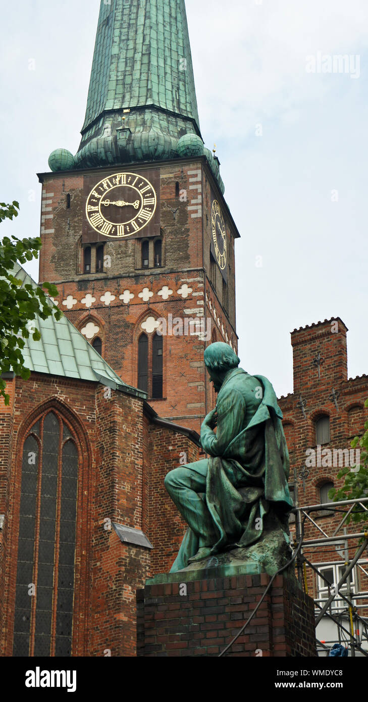 Monument of german poet and playwright Emanuel von Geibel, near Saint James church, Lubeck, Germany Stock Photo