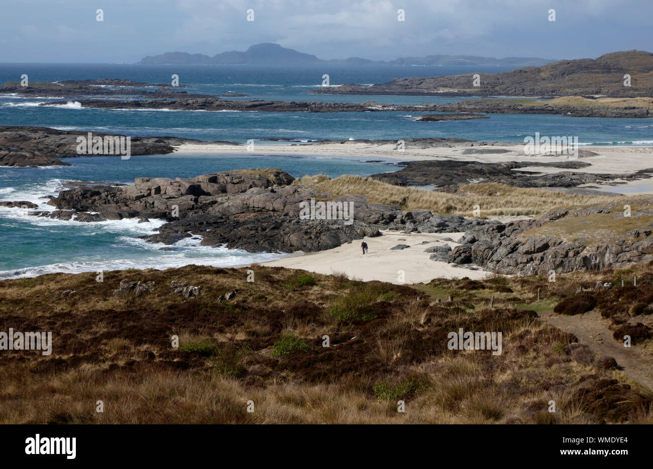 Isle of Rum seen from Sanna Sands, Ardnamurchan, Lochaber, Scotland, UK Stock Photo