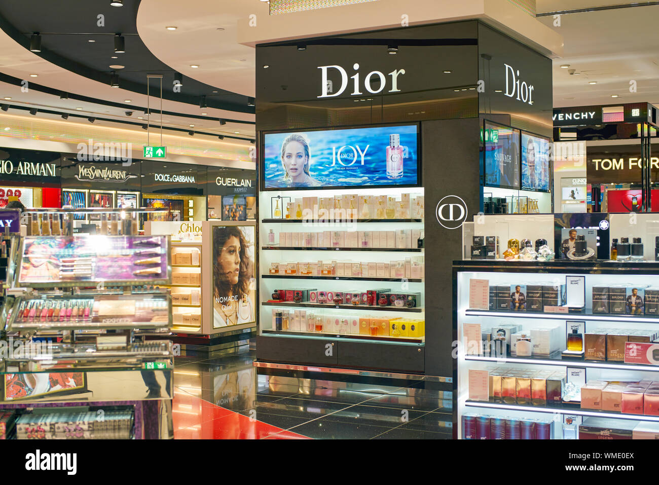 DUBAI, UAE CIRCA FEBRUARY, 2019 perfumes and cosmetics products on
