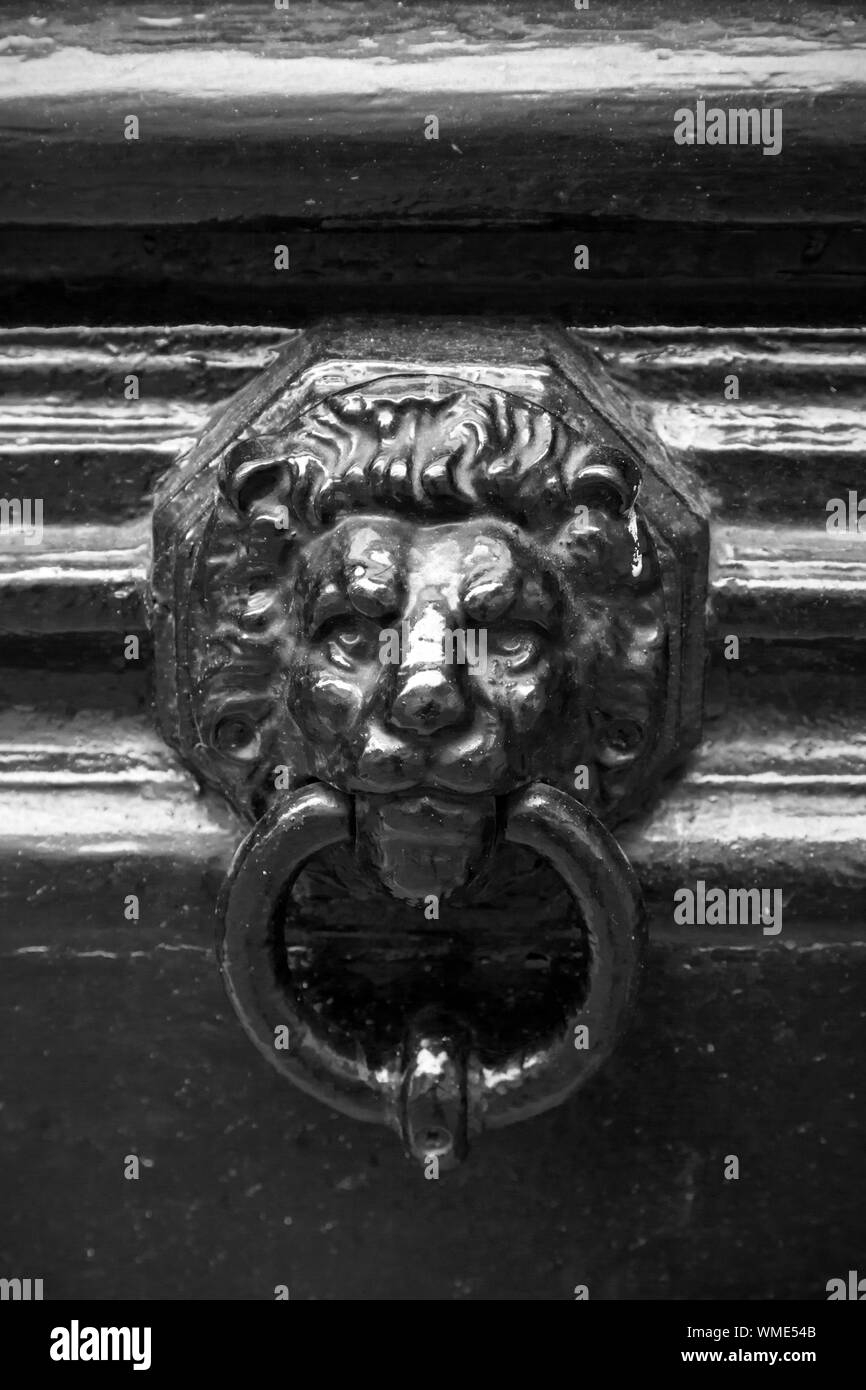 Old blue door knocker in shape of lion head. Black and white, retro style photo Stock Photo