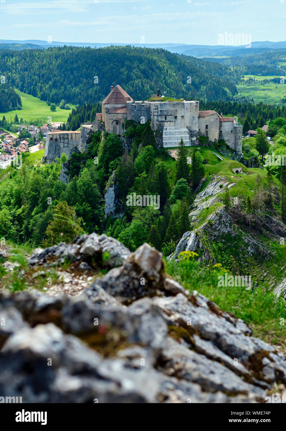 The Fort de Joux or Château de Joux is a castle, transformed into a fort, located in La Cluse-et-Mijoux in the Doubs department of eastern France. Stock Photo