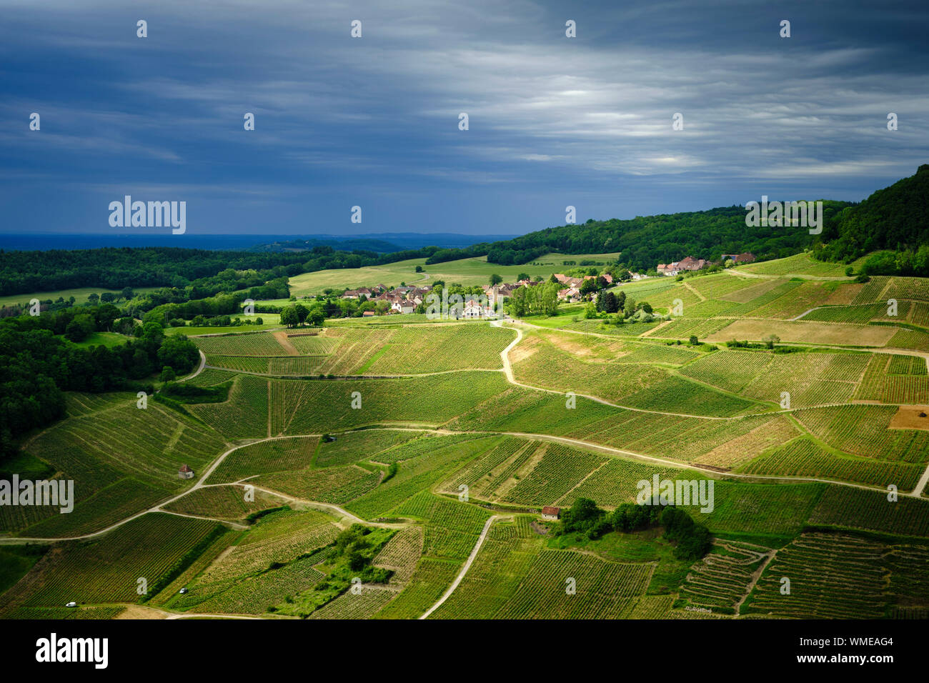 The vineyard countryside rural farmland landscape of the Jura limestone mountain region in Chateau Chalon, France Stock Photo