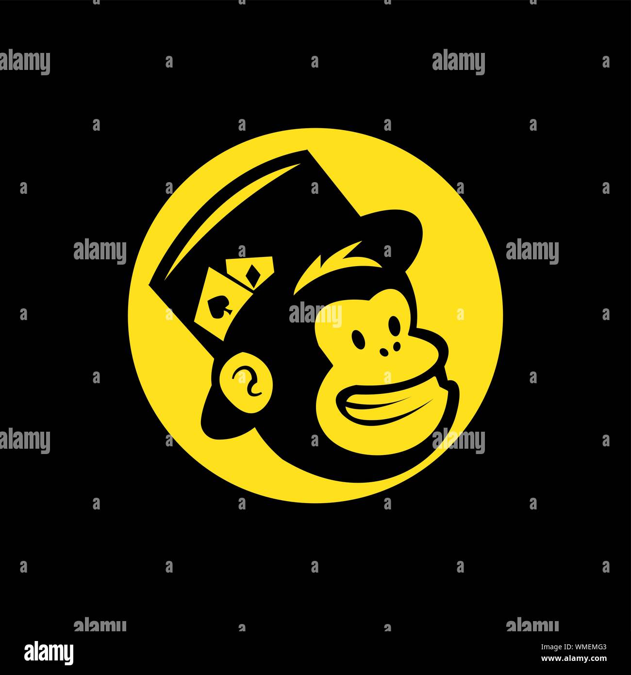 vector head of a magician monkey inside a yellow circle, in black baground Stock Vector