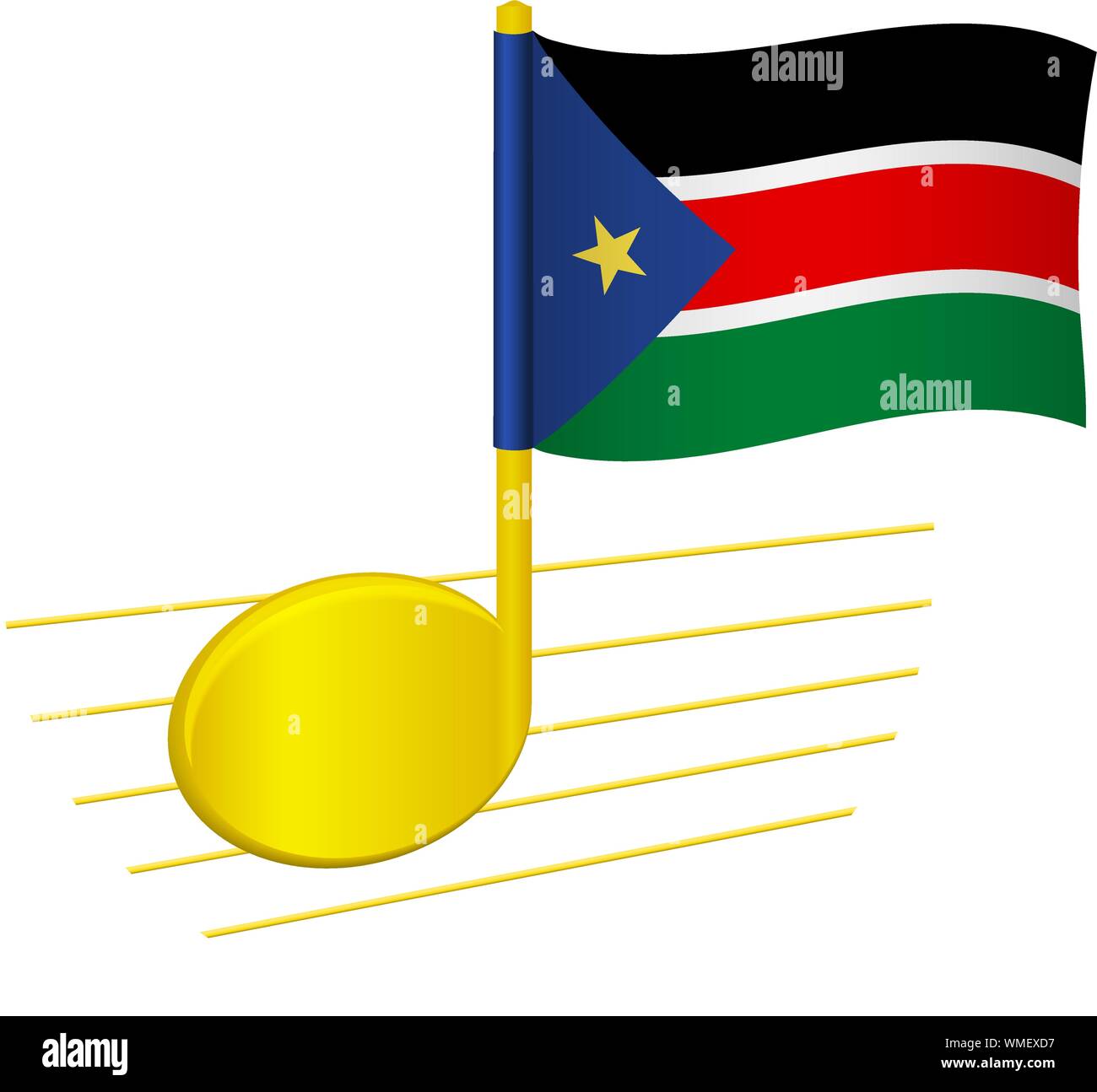 South Sudan flag and musical note. Music background. National flag of