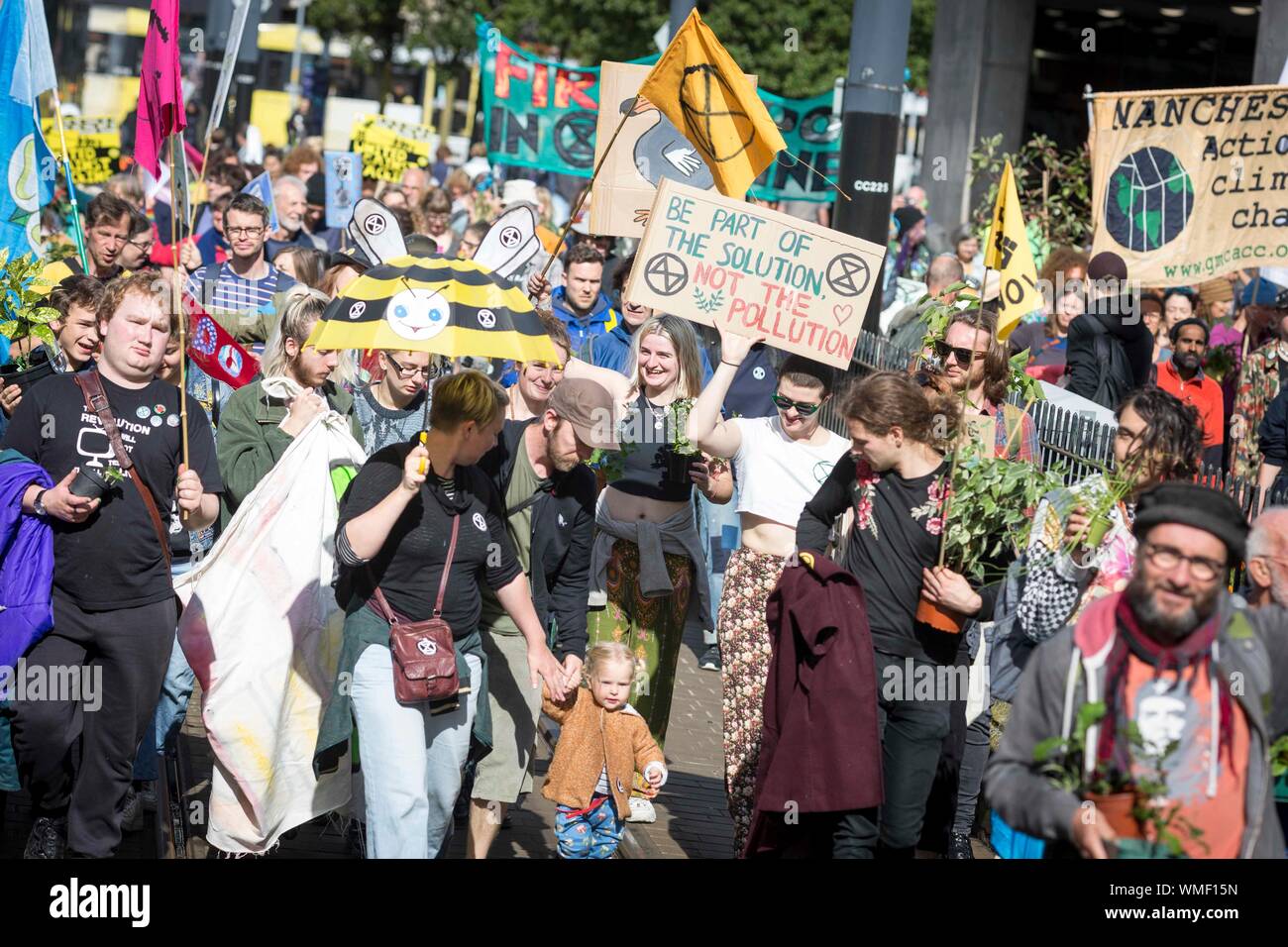 © Chris Bull. 02/09/19  MANCHESTER   , UK.    Extinction Rebellion protesters In Manchester City centre today (Monday 2nd Sep). The group has occupied Stock Photo