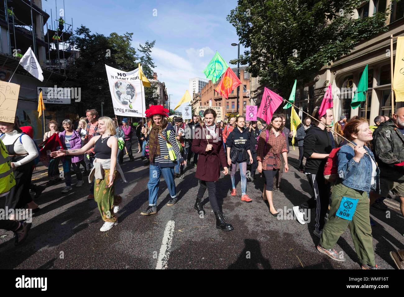 © Chris Bull. 02/09/19  MANCHESTER   , UK.    Extinction Rebellion protesters In Manchester City centre today (Monday 2nd Sep). The group has occupied Stock Photo