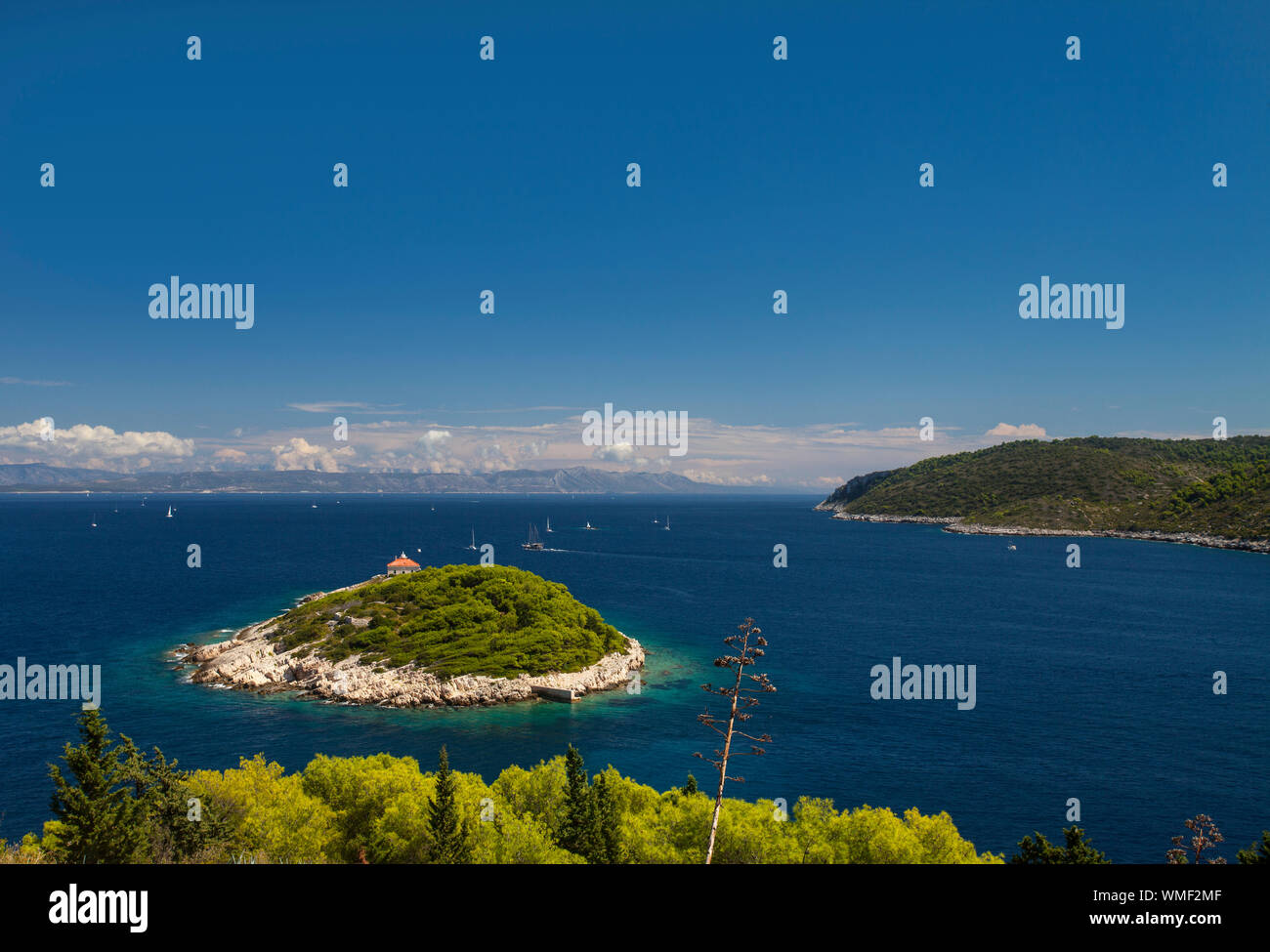 View from Fort George of Host island, Vis island, Croatia. Named in honour of Captain William Hoste (later Sir William) Stock Photo