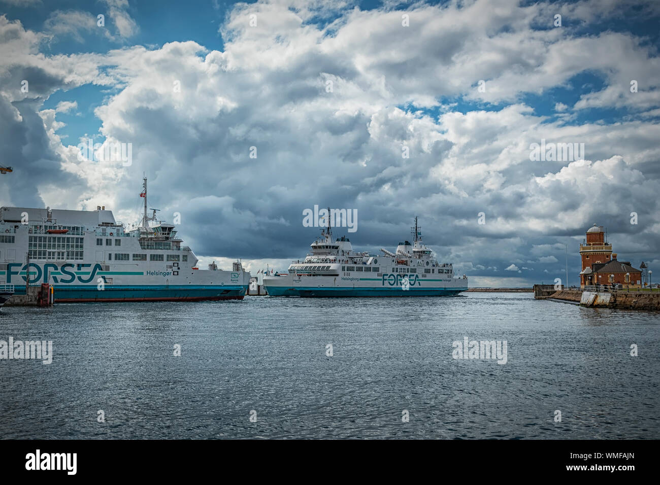 HELSINGBORG, SWEDEN - AUGUST 16, 2019: Aurora the battery powered passanger and freight ferry sails into Helsingborg harbour in Sweden. Stock Photo