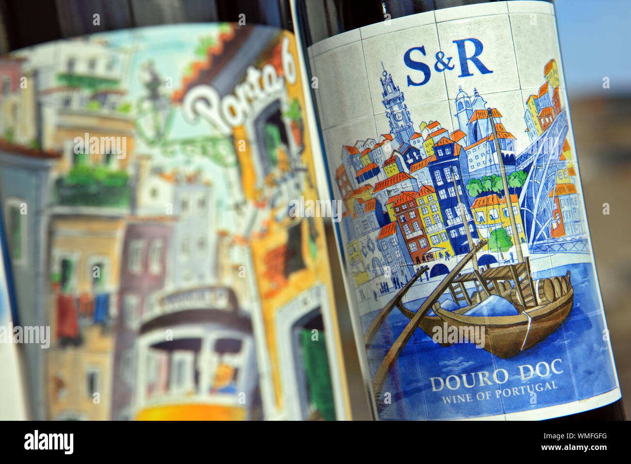 Portuguese wine bottles with colourful labels Stock Photo