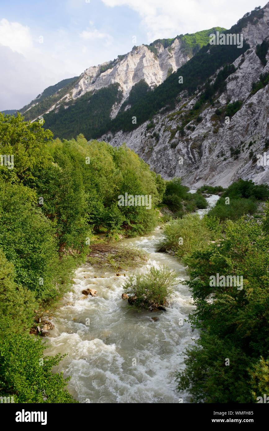 River and mountains, near Radomire, Albania Stock Photo