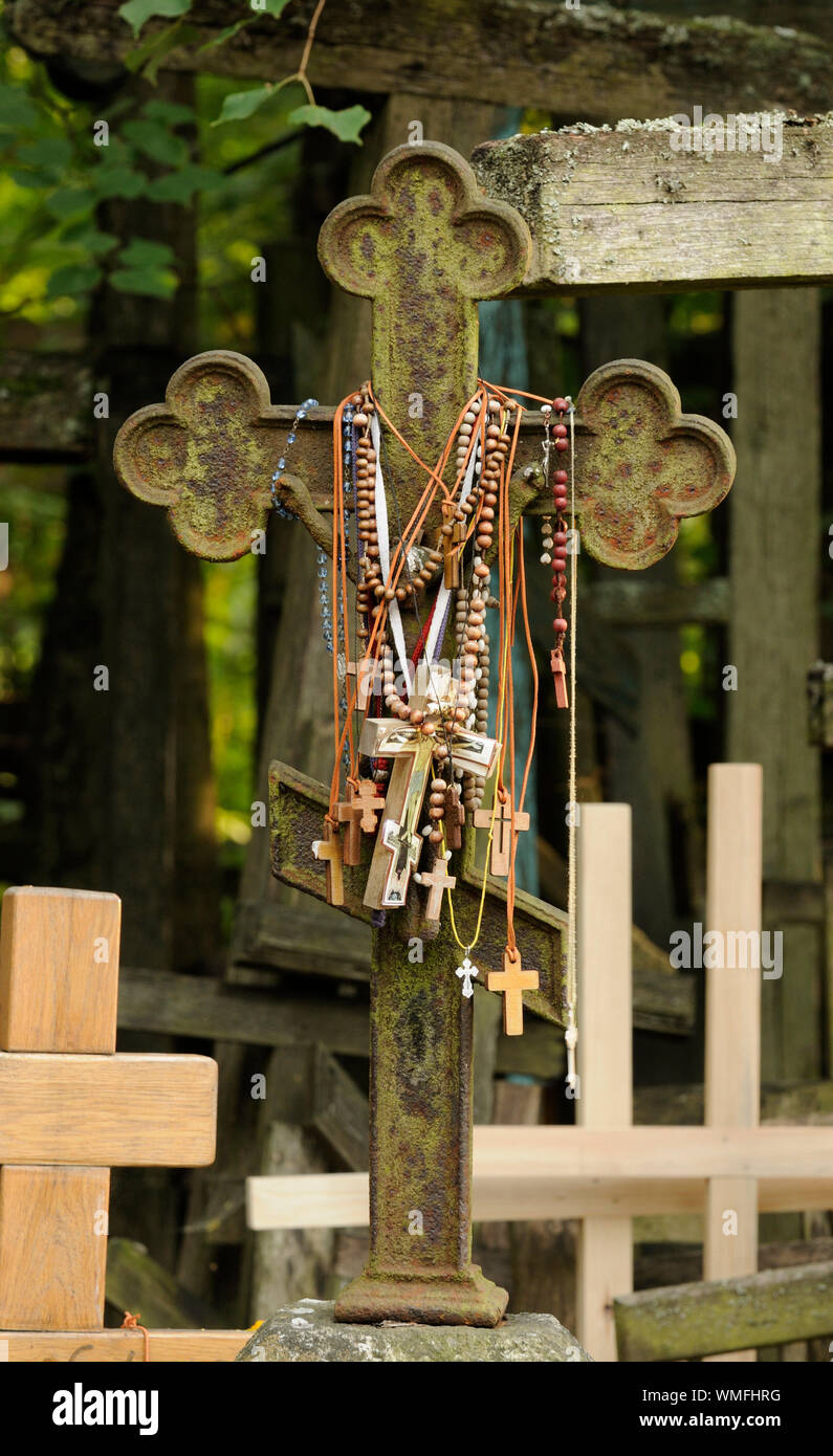 Decorated cast iron cross, sacred mountain Grabarka, Swieta Gora Garbarka, Poland, Europe Stock Photo