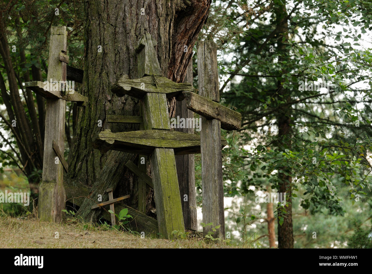Weathered wooden crosses on the sacred mountain Grabarka, Swieta Gora Garbarka, Poland, Europe Stock Photo