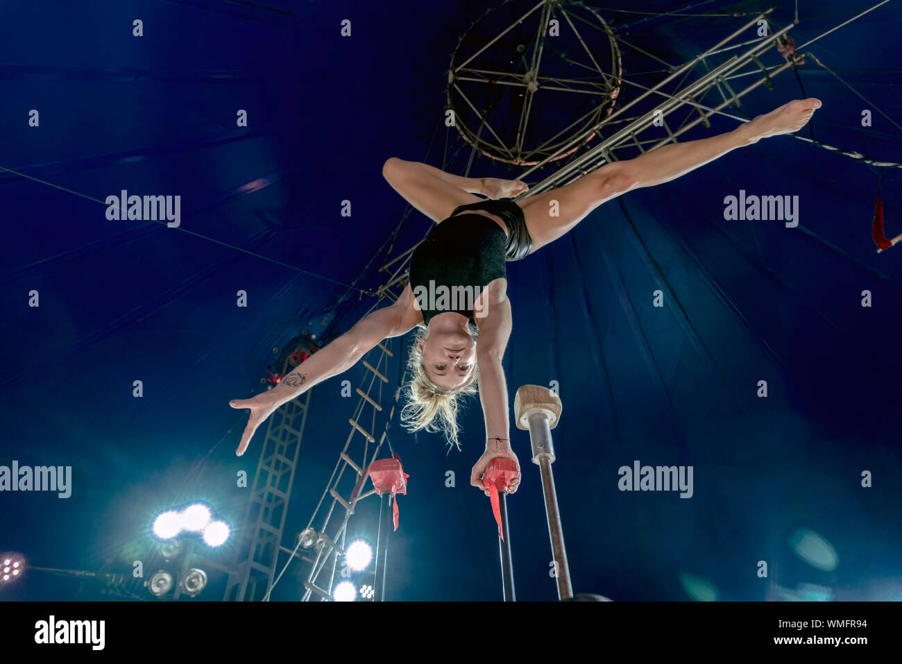 acrobatics, handstand, circus, artist, show, showact, trapeze, Erlebnis- und Tigerpark Dassow, Mecklenburg-Vorpommern, Germany Stock Photo