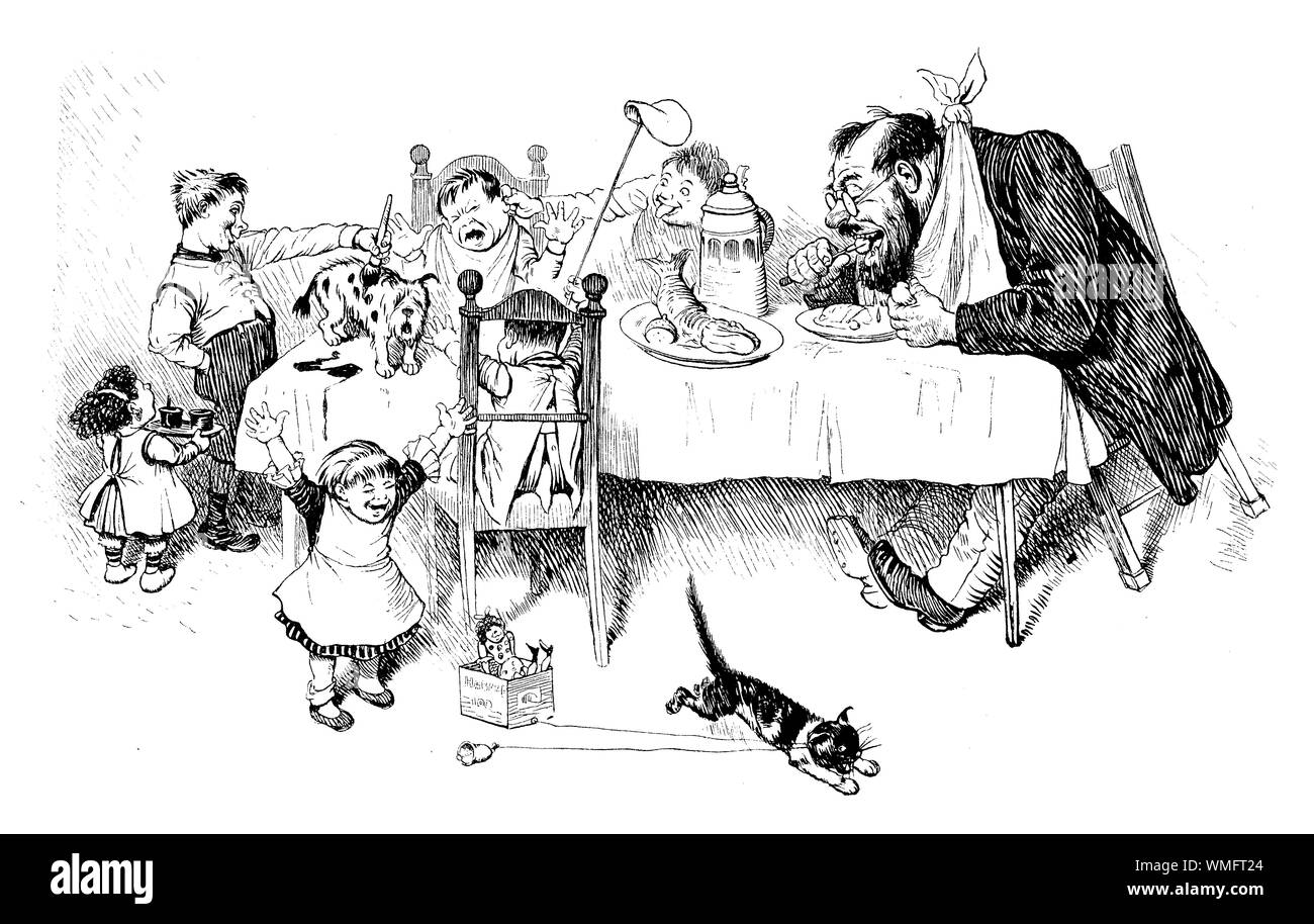 German satirical magazine, humor and caricatures: not a very polite dinner at home, mum is out and rascal boys make fun and mess at the table, dad is concentrated on food Stock Photo