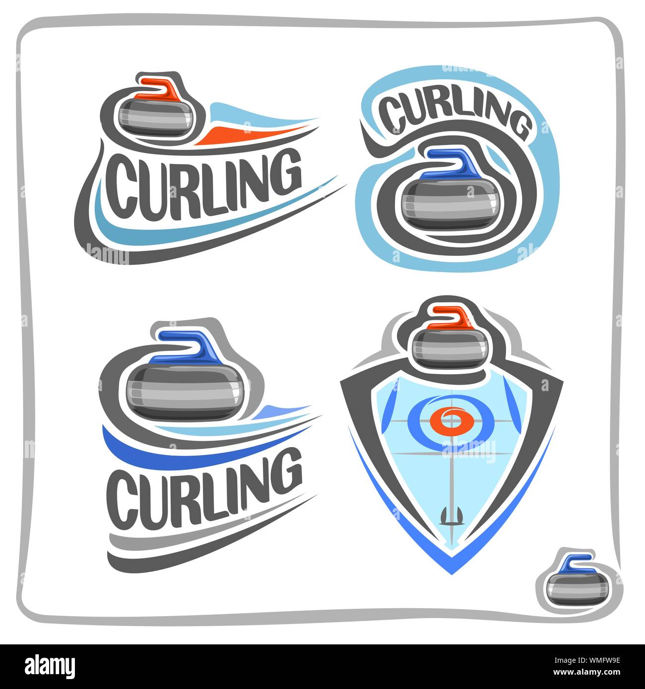 Vector abstract logo for Curling Sport,  blue ice rink with circles target, signs for sport club, red and blue granite stones sliding in goal, isolate Stock Vector