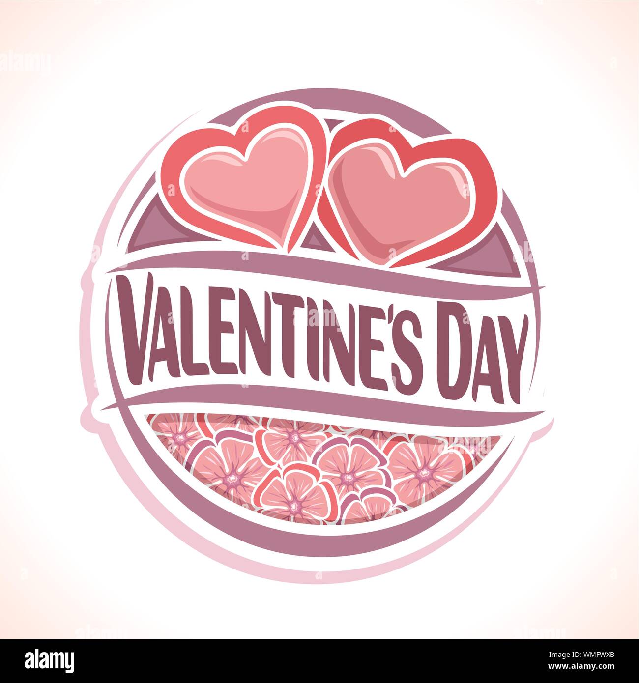 Vector logo for Valentine's Day, round pink badge with floral ...