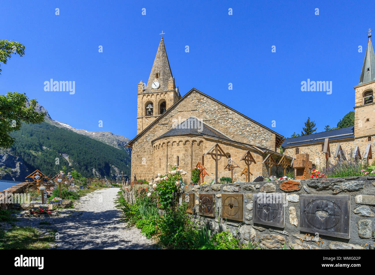 France, Hautes Alpes, Ecrins National Park, Oisans, La Grave, labelled the Most Beautiful Villages of France, Notre Dame de l’Assomption church and ce Stock Photo