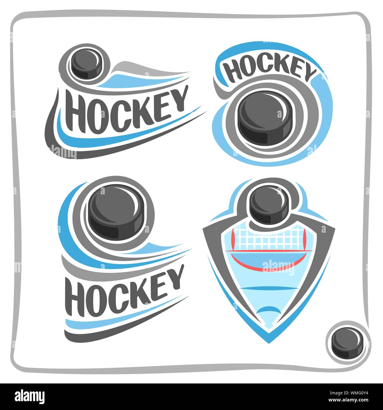 Vector abstract logo for Ice Hockey, signs for sports club, simple hockey puck flying above ice rink in goal gate with net, isolated sporting icons on Stock Vector