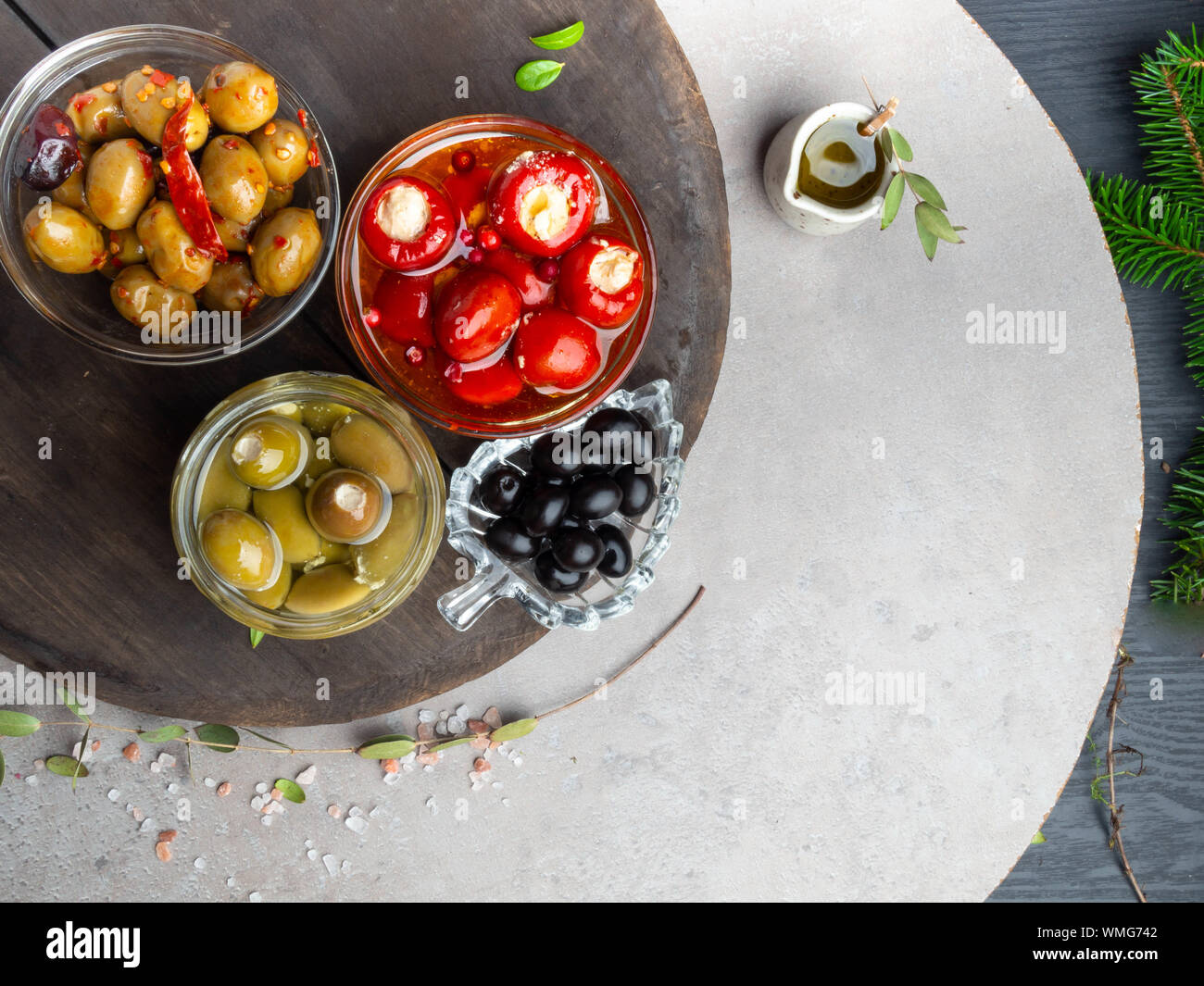Italian food background, with bell peppers and green olives, stuffed