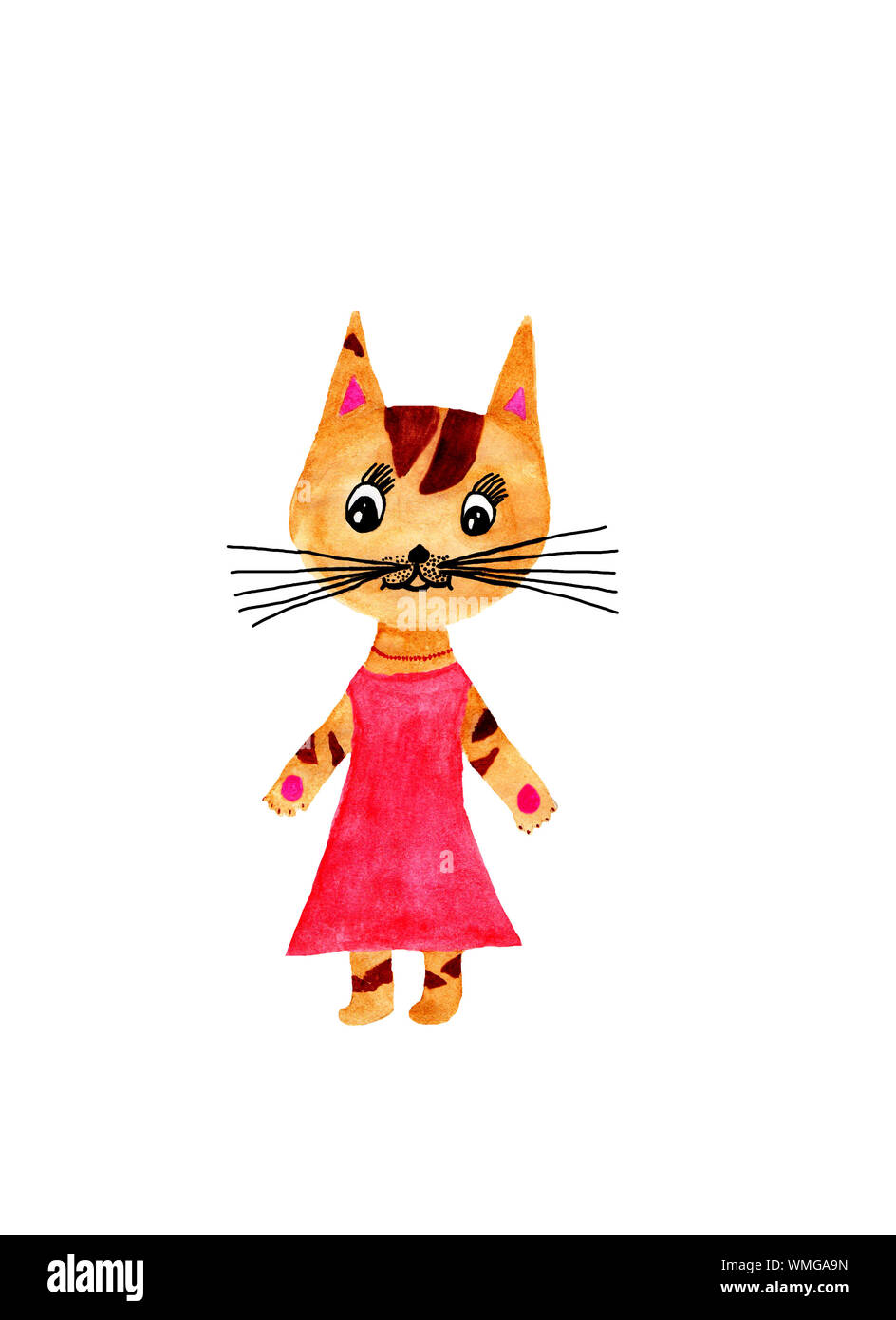toy orange cat in a crimson dress with pink paws and ears with red beads watercolor Stock Photo