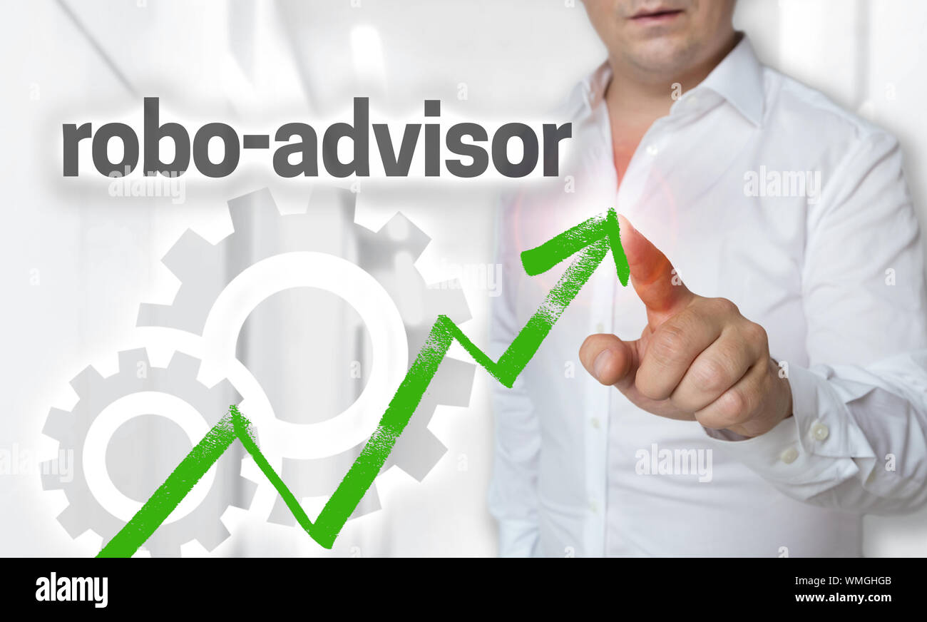 Robo-Advisor touchscreen concept is operated by Man. Stock Photo