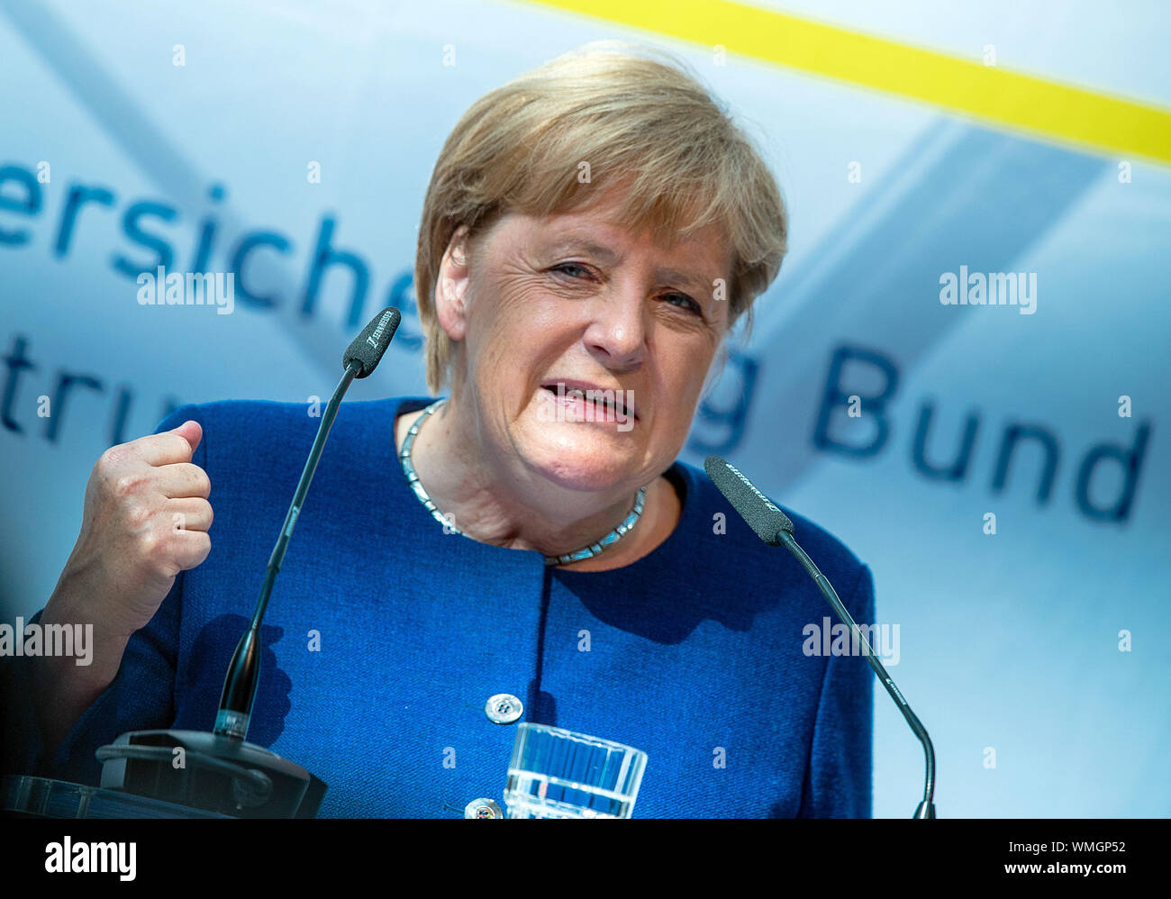 Stralsund, Germany. 05th Sep, 2019. Chancellor Angela Merkel (CDU) speaks at the 20th anniversary celebration of the Stralsund location of the German Pension Insurance. Work at the Stralsund site began on 1 October 1999 with 800 employees. In the meantime, 1,375 men and women are employed here, caring for around eight million insured persons and pensioners. Credit: Jens Büttner/dpa-Zentralbild/dpa/Alamy Live News Stock Photo