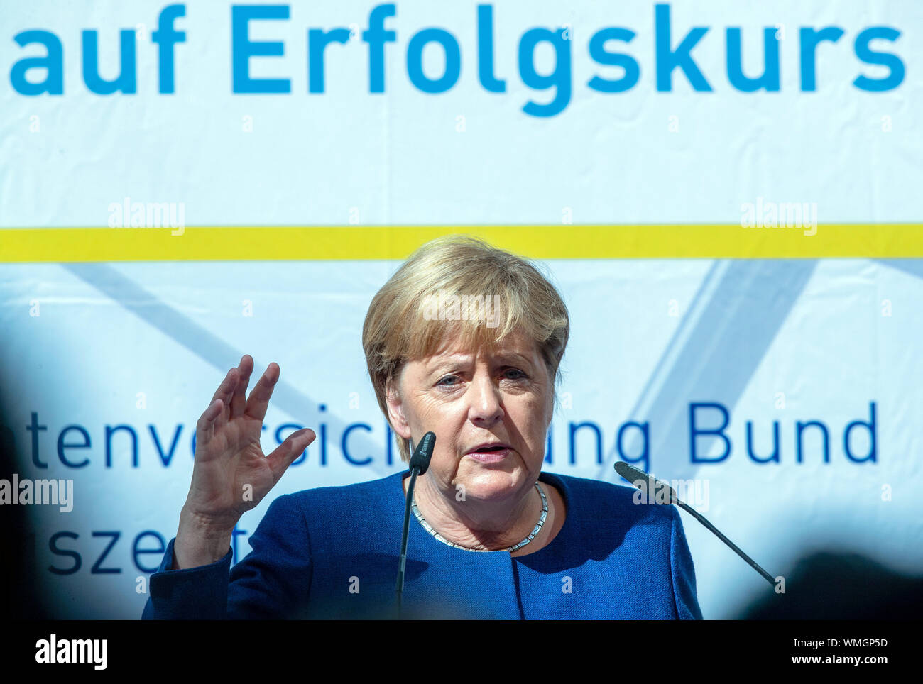 Stralsund, Germany. 05th Sep, 2019. Chancellor Angela Merkel (CDU) speaks at the 20th anniversary celebration of the Stralsund location of the German Pension Insurance. Work at the Stralsund site began on 1 October 1999 with 800 employees. In the meantime, 1,375 men and women are employed here, caring for around eight million insured persons and pensioners. Credit: Jens Büttner/dpa-Zentralbild/dpa/Alamy Live News Stock Photo
