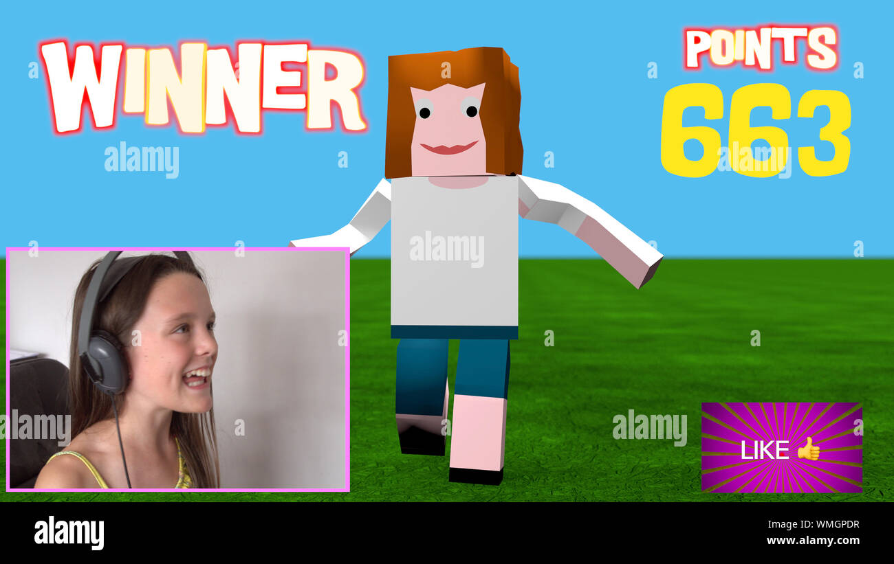Young girl playing a 3D style online game and live streaming it to her ...