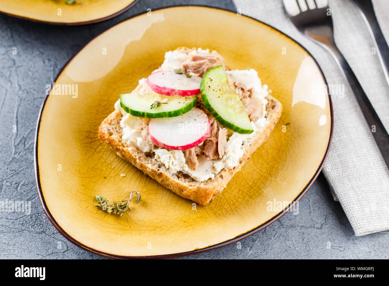 Delicious Sandwich With Cream Cheese Tuna And Fresh Vegetables
