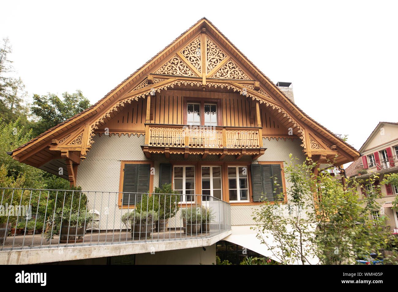A traditional Swiss house with lattice work in the capital city of Bern