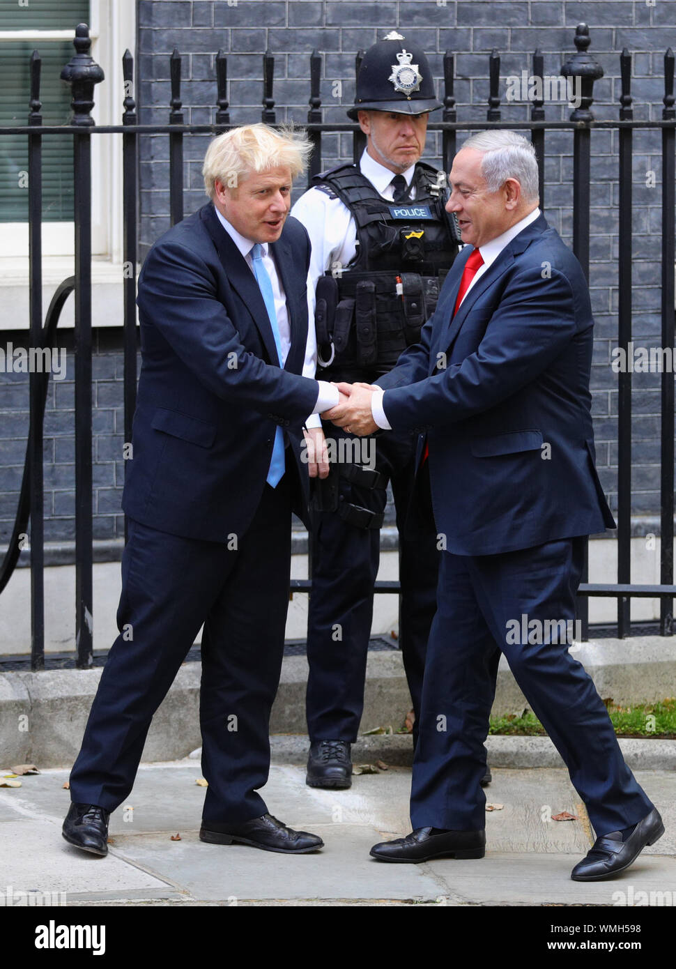 Prime Minister Boris Johnson greets the Prime Minister of Israel Benjamin Netanyahu outside 10 Downing Street, London. Stock Photo