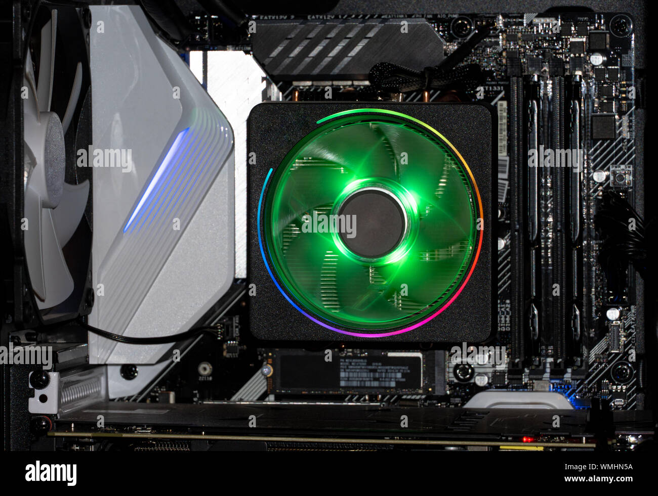 Cooler of processor with neon light. LED Light, CPU Cooler. Computer