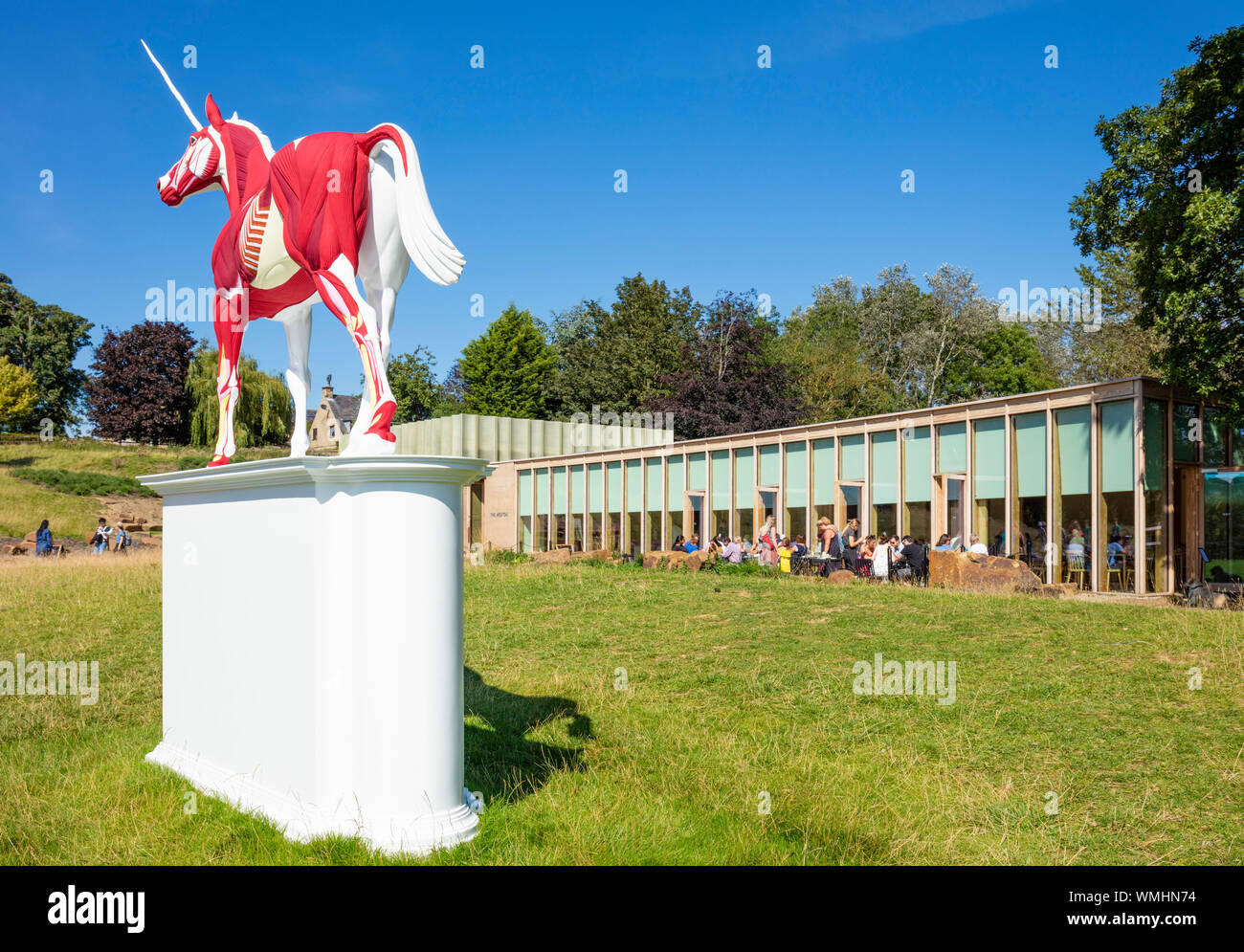 Myth by Damien Hirst a white unicorn ouside the Weston Gallery Yorkshire Sculpture Park YSP West Bretton Wakeﬁeld Yorkshire England UK GB Europe Stock Photo