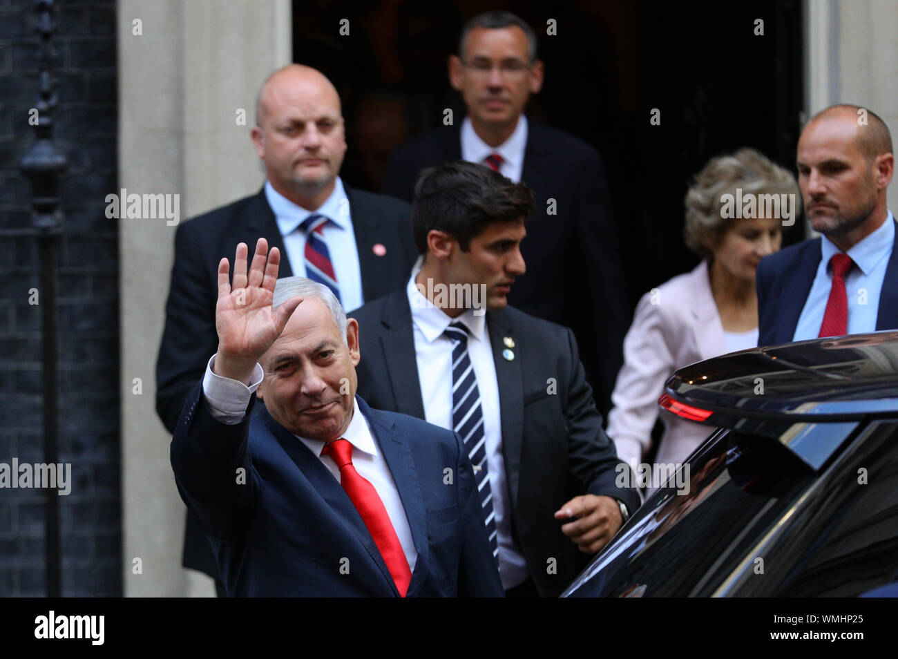 Prime Minister of Israel Benjamin Netanyahu leaving 10 Downing Street, London after talks with Prime Minister Boris Johnson. Stock Photo