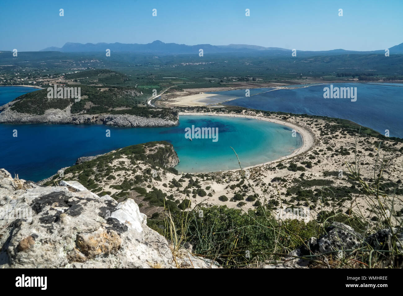 Panoramic aerial view of voidokilia beach, one of the best beaches in mediterranean Europe, beautiful lagoon of Voidokilia from a high point of view, Stock Photo