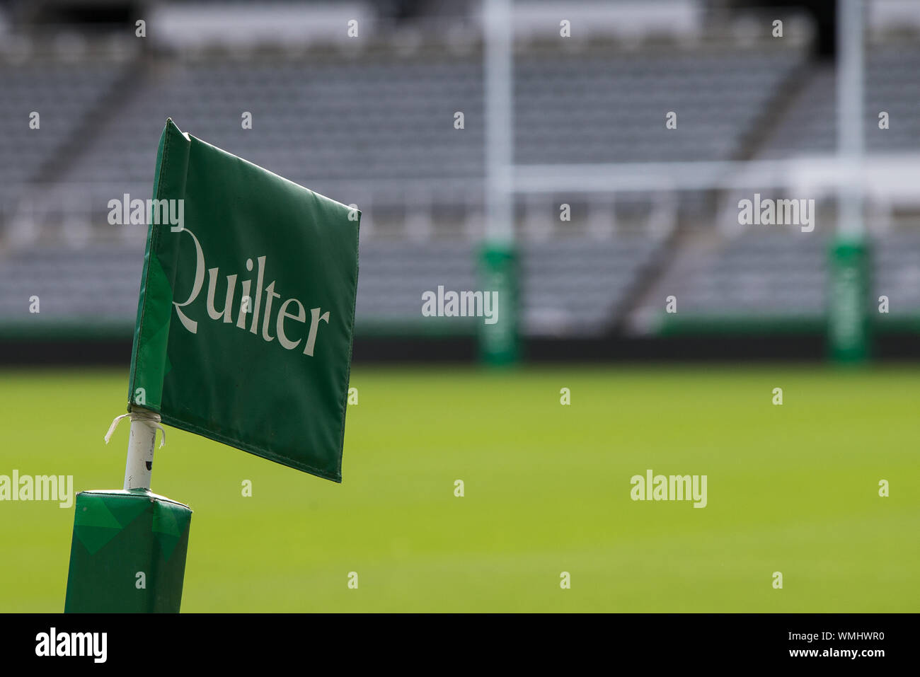 Newcastle, UK. 05th Sep, 2019. NEWCASTLE UPON TYNE, ENGLAND. SEPT 5TH Quilter branding on the corner flag with posts in the background at The Gallowgate End during Italy's Captain's run at St James' Park, Newcastle upon Tyne on Thursday 6th September 2019 (Credit: Chris Lishman | MI News) Credit: MI News & Sport /Alamy Live News Stock Photo