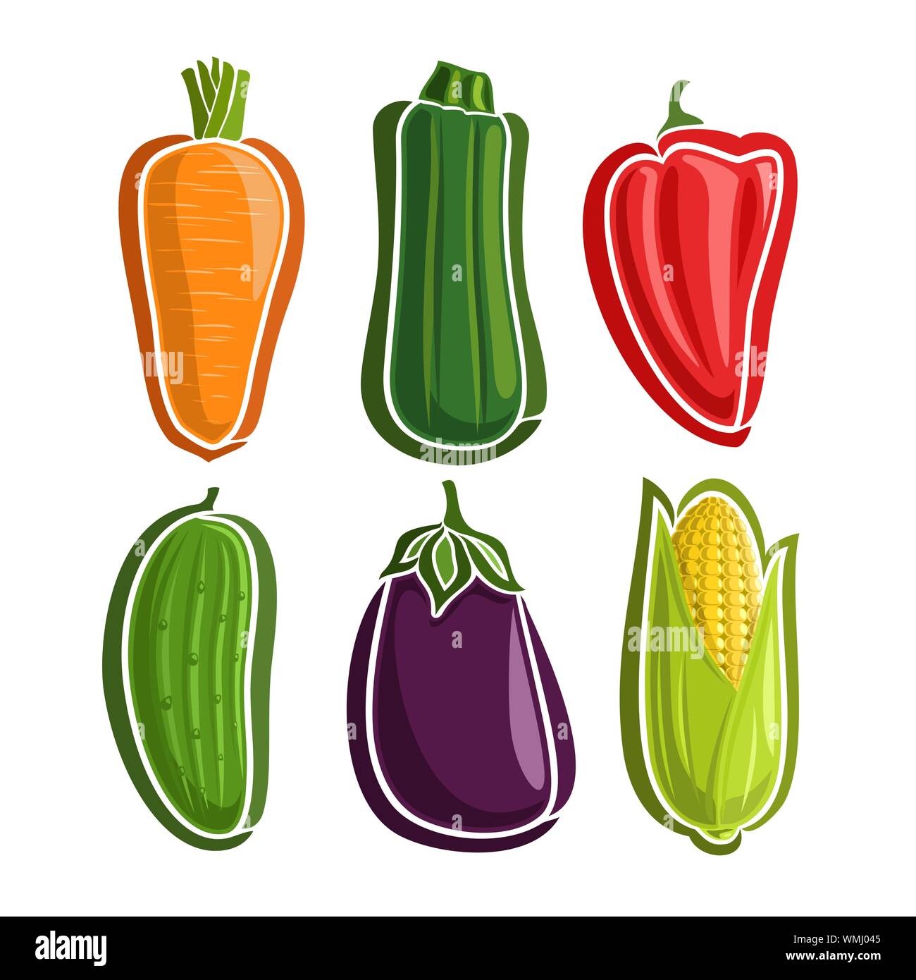 Vector Set of Vegetables simple icons, isolated on white. Stock Vector