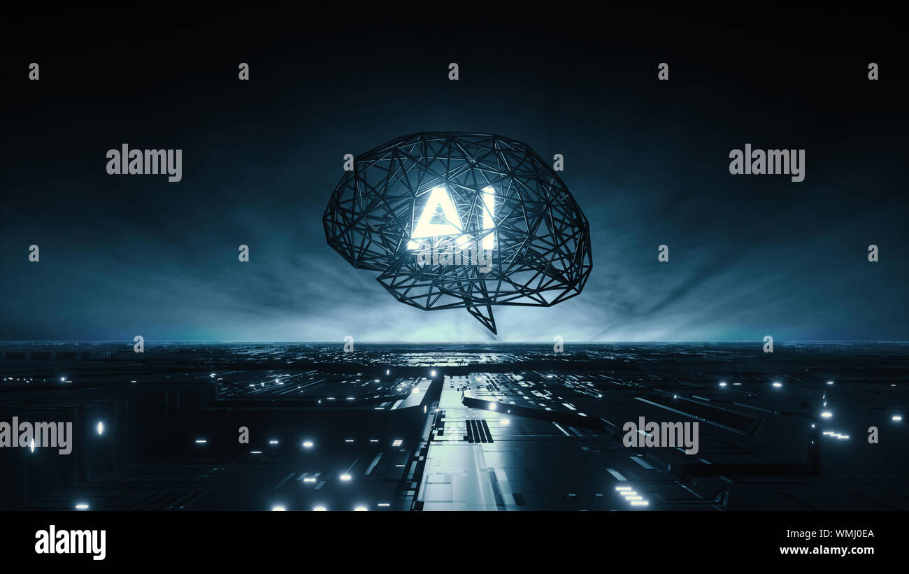 3d render with AI letters glowing in black grid brain over futuristic tech city, artificial intelligence concept. Stock Photo