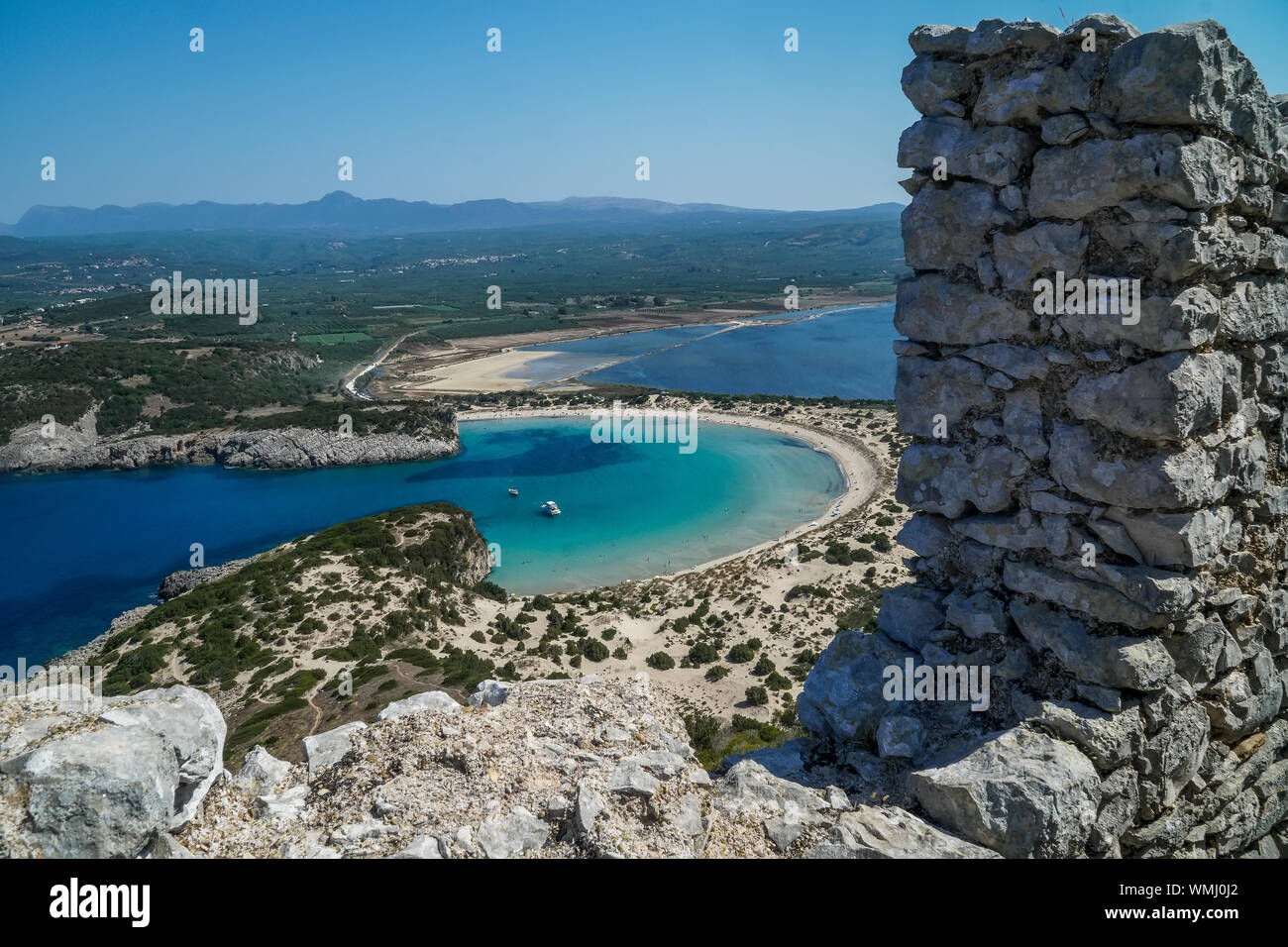 Panoramic aerial view of voidokilia beach, one of the best beaches in mediterranean Europe, beautiful lagoon of Voidokilia from a high point of view, Stock Photo