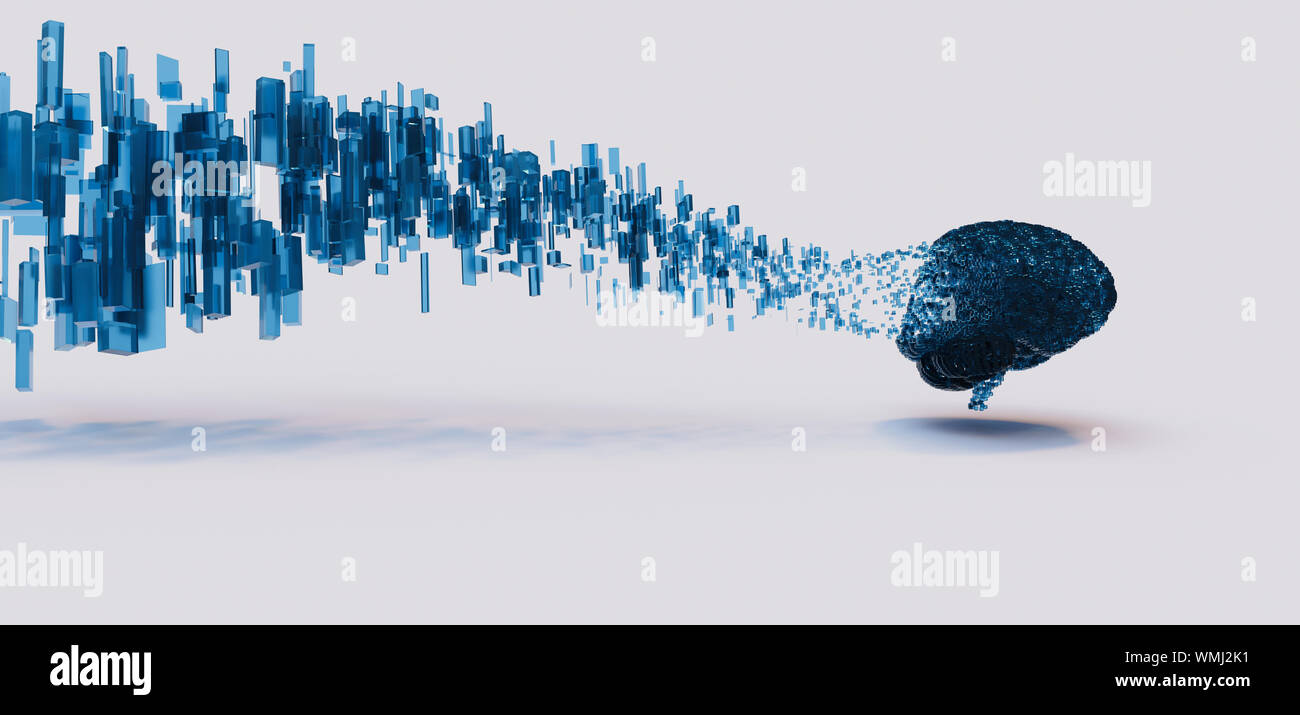 3d render of blue digital brain disolving to floating data cubes, panoramic, minimal concept. Stock Photo