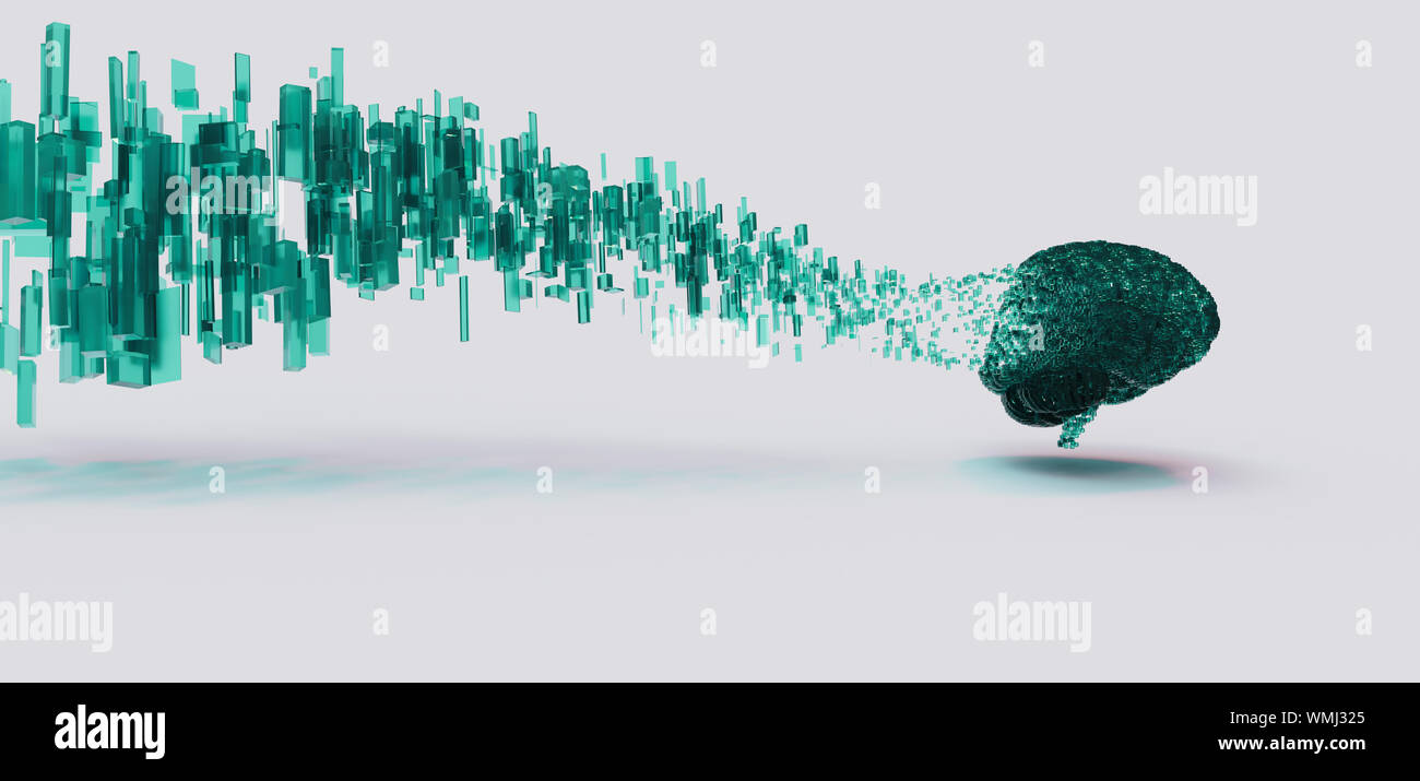 3d render of green digital brain disolving to floating data cubes, panoramic, minimal concept. Stock Photo