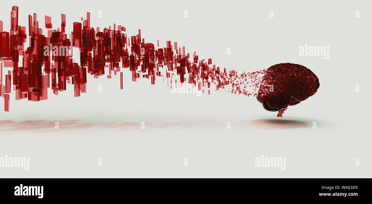 3d render of red digital brain disolving to floating data cubes, panoramic, minimal concept. Stock Photo