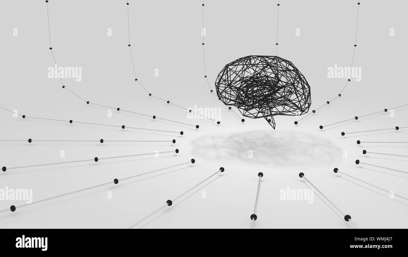 3d render of minimalist grid black brain with radial lines and dots web network on white background. Stock Photo